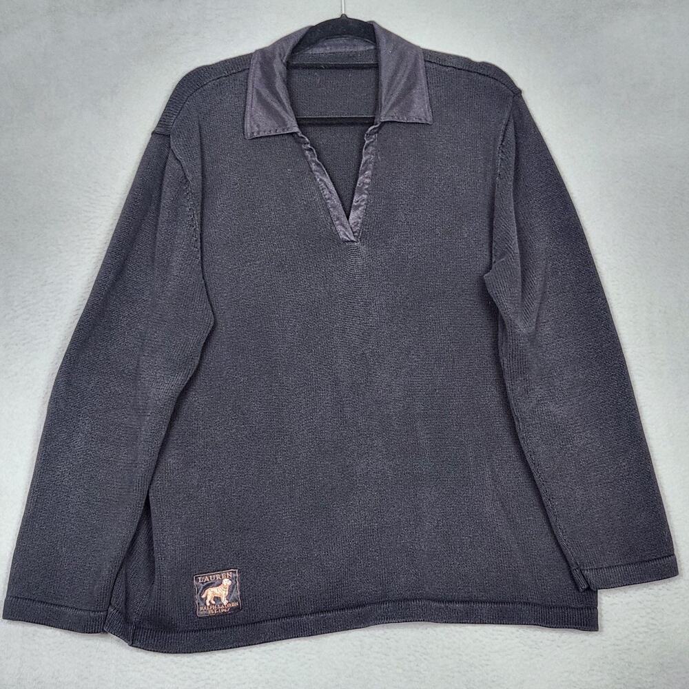 Lauren Ralph Lauren Sweater Womens XL Black Collared Elbow Patches Big Dog